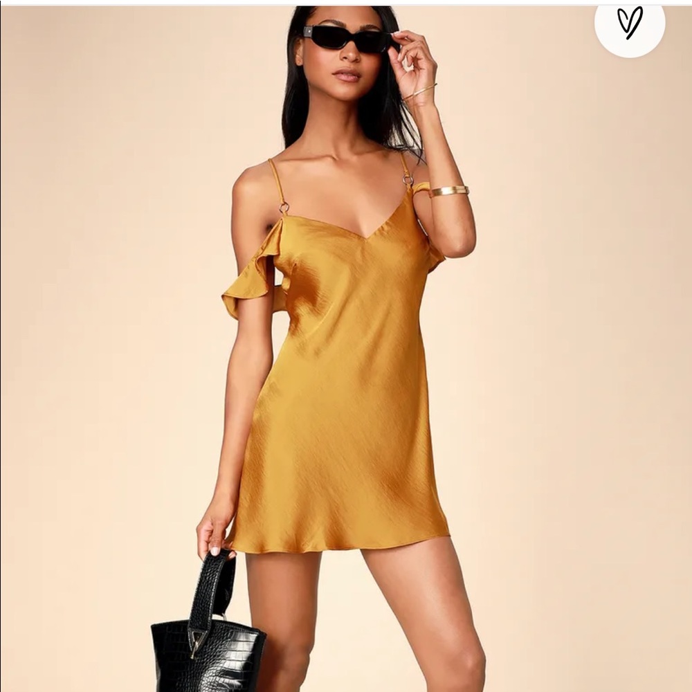 What I Want Golden Yellow Satin Off-the-Shoulder Slip Dress